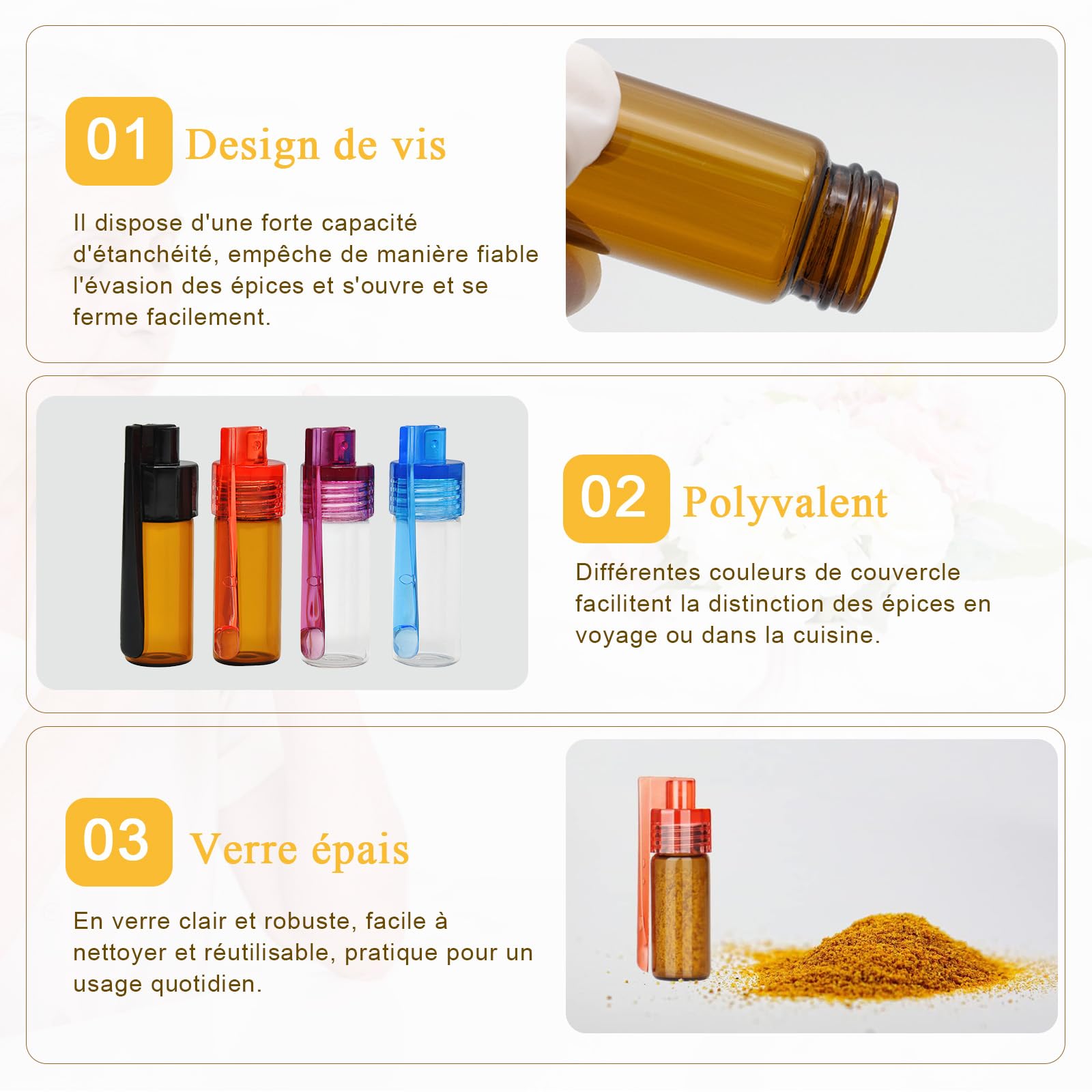 10 Pièces Flacon de Poudre à épices avec Cuillère et 2 Entonnoirs Argentés, 51mm Flacon Distributeur de Poudre, Petit Pot à Epices en Verre Adapté Au Camping et Aux Voyages (Couleur Aléaoire)