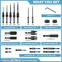 Vista 2 de KEENTECH 22-piece Countersink Drill Bit Set, 1/4" Hex Shank Tapered Countersink Drill Bits with 4PCS Wood Plug Cutter, Adjustable Depth Counter Sink