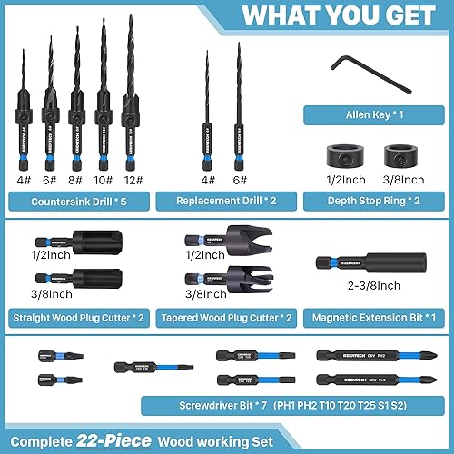 Miniatura 2 de KEENTECH 22-piece Countersink Drill Bit Set, 1/4" Hex Shank Tapered Countersink Drill Bits with 4PCS Wood Plug Cutter, Adjustable Depth Counter Sink