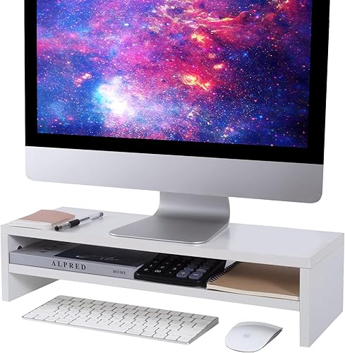 BEYGORM Soporte elevador para monitor blanco, 21.6 pulgadas, 2 niveles, estante de escritorio de madera, soporte de pantalla para computadora con