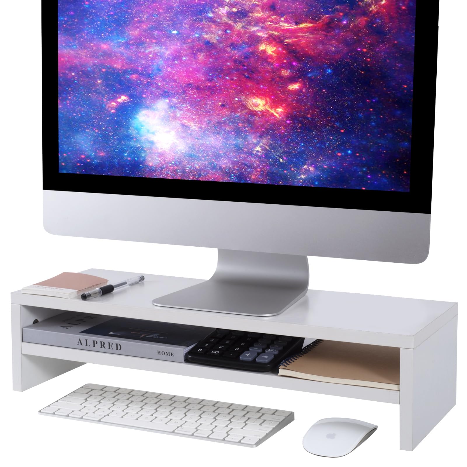 BEYGORM Monitor Stand Riser White, 21.6 inch 2 Tiers Wood Desk Shelf Computer Screen Stand with Storage for Desktop Laptop/Screen/TV/PC/Printer, Desk Shelf Organizer 21.6" L x 7.8" W x 5.2" H