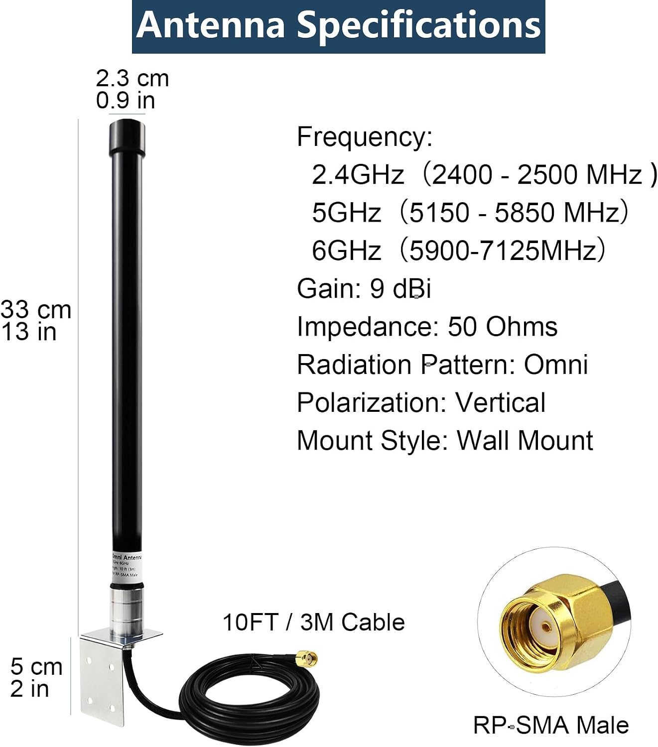 2.4G 5GHz 6G Tri-Band WiFi Antenna Long Range Outdoor Directional Antenna 10ft RP-SMA Cable w/SMA Adaptor & Wall Mounting Bracket for WiFi Router Hotspot Security IP Camera