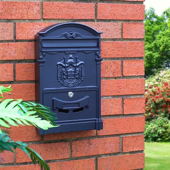 Black Wall Mounted Lockable Letterbox - Weather Resistant Galvanised Steel Retro Style Post Mail Box with Handy House Name or Number Slot, Easy View Window & 2 Keys – Measures H41 x W25.5 x D9cm