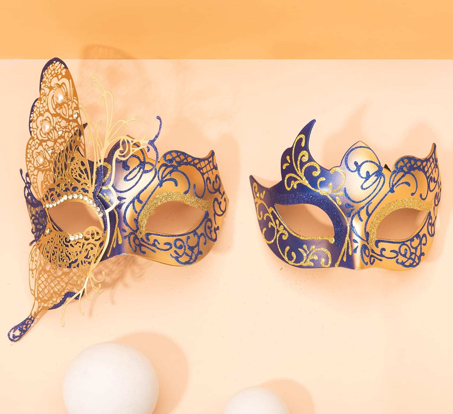 Masquerade Mask for Couples, Women Men Venetian Mardi Gras Halloween Christmas Party Couple Masquerade Mask (Butterfly Blue Gold) - Image 2