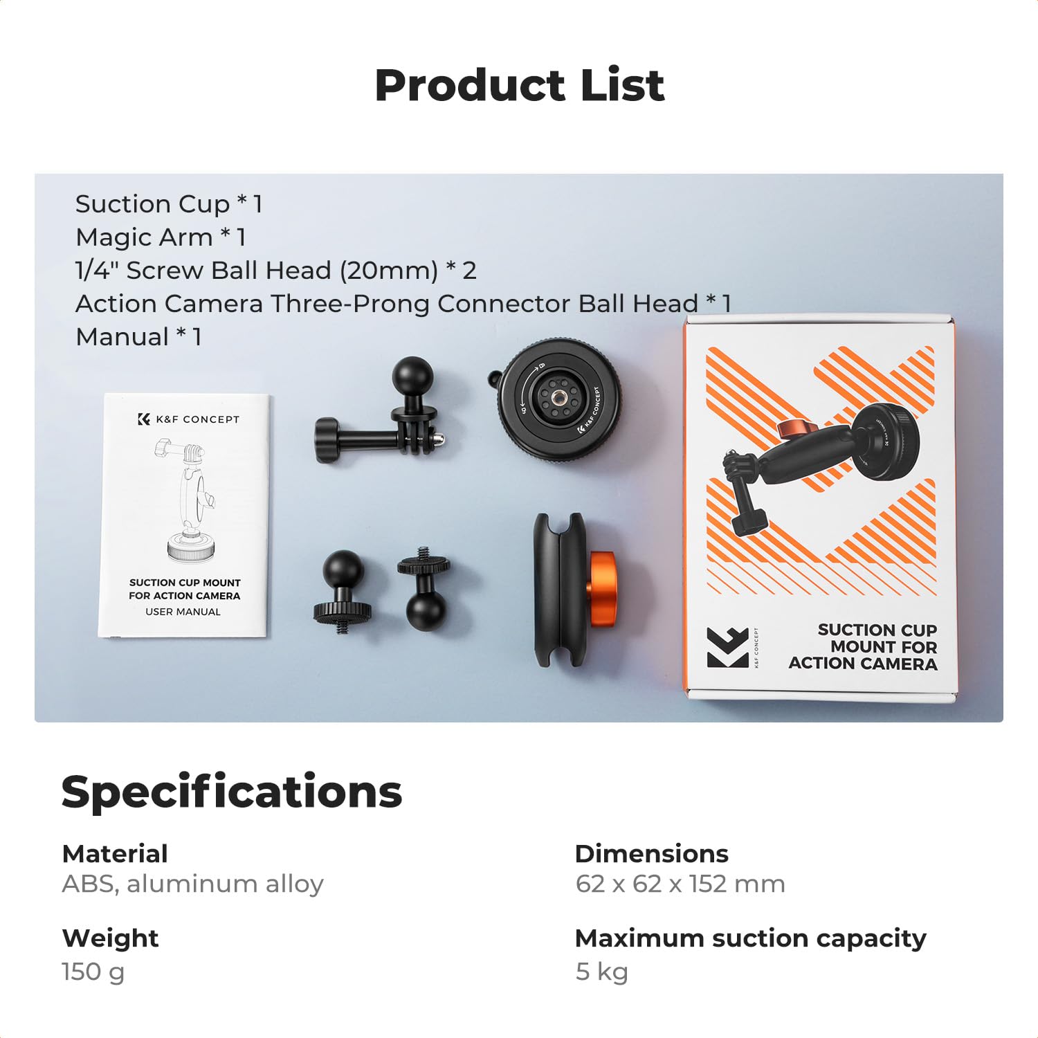 K&F CONCEPT Uchwyt na przyssawkę z przegubem kulowym do GoPro i Osmo Action | Silne ssanie, uchwyt kulowy 360°, magiczne ramię, stop aluminium, obciążenie 3 kg, kompatybilny z GoPro/Osmo XP01