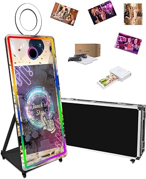 65 Inch Portable Magic Mirror Photo Booth,43 Inch Touch Screen Mirror Photo Booth with RGB Light,Selfie Photo Booth with Flight Case Black, 65 inch43Screen+Mini Printer