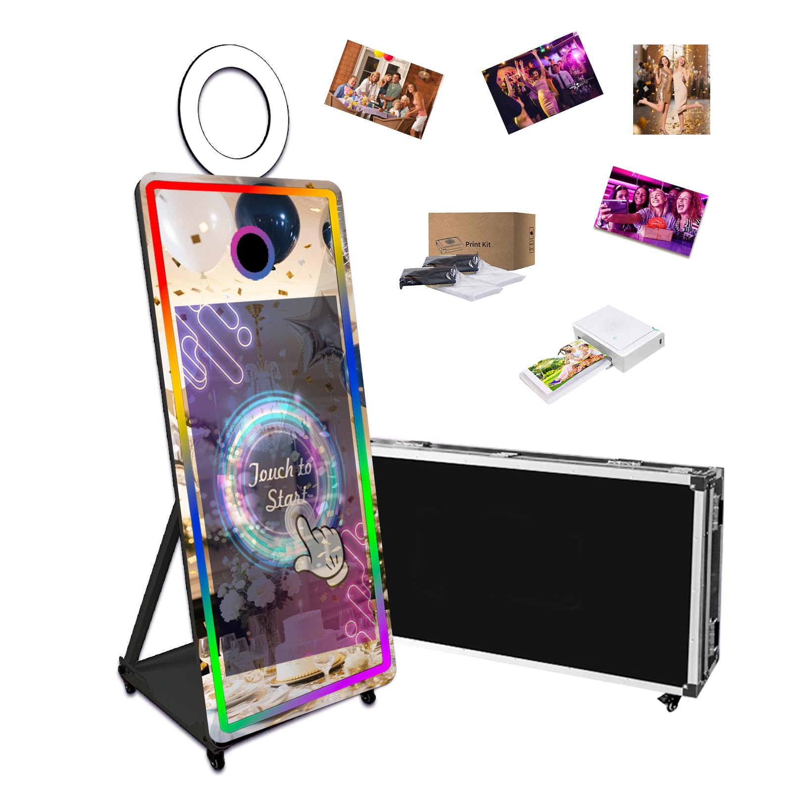 65 Inch Portable Magic Mirror Photo Booth,43 Inch Touch Screen Mirror Photo Booth with RGB Light,Selfie Photo Booth with Flight Case (Black, 65 inch(43''Screen)+Mini Printer)