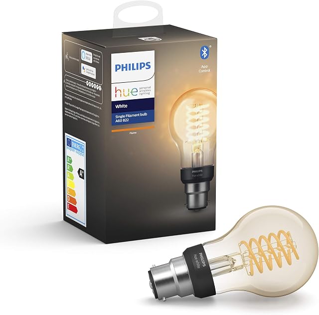 Philips Hue Filament Regular A60 LED Smart Light Bulb 1 Pack [B22 Bayonet Cap] Warm Flame White Dimmable, with Bluetooth, Works with Alexa, Google Assistant and Apple Homekit.