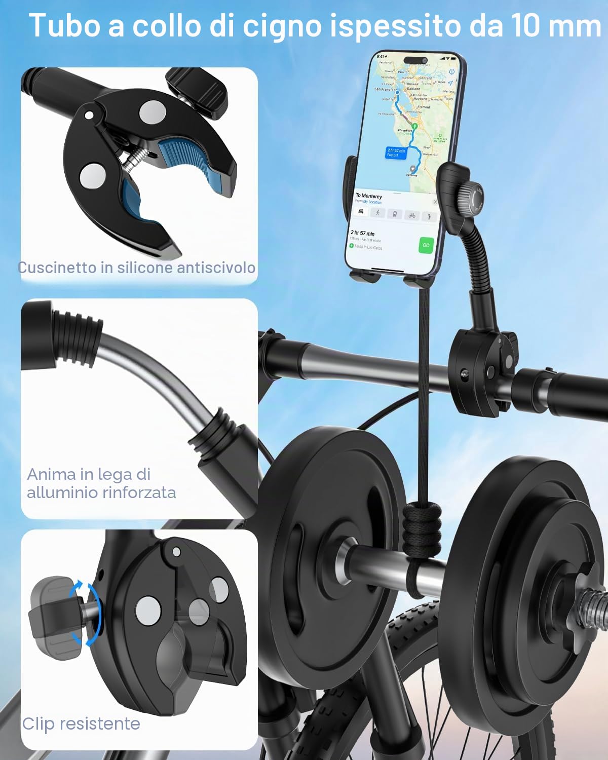 Supporto Telefono a Collo di Cigno per Cyclette, Supporto Telefono Bicicletta, Universale Manubrio Supporto Cellulare per Microfono per iPhone 15 14 13 Pro Max, Galaxy S/Z, Phones 4-7"