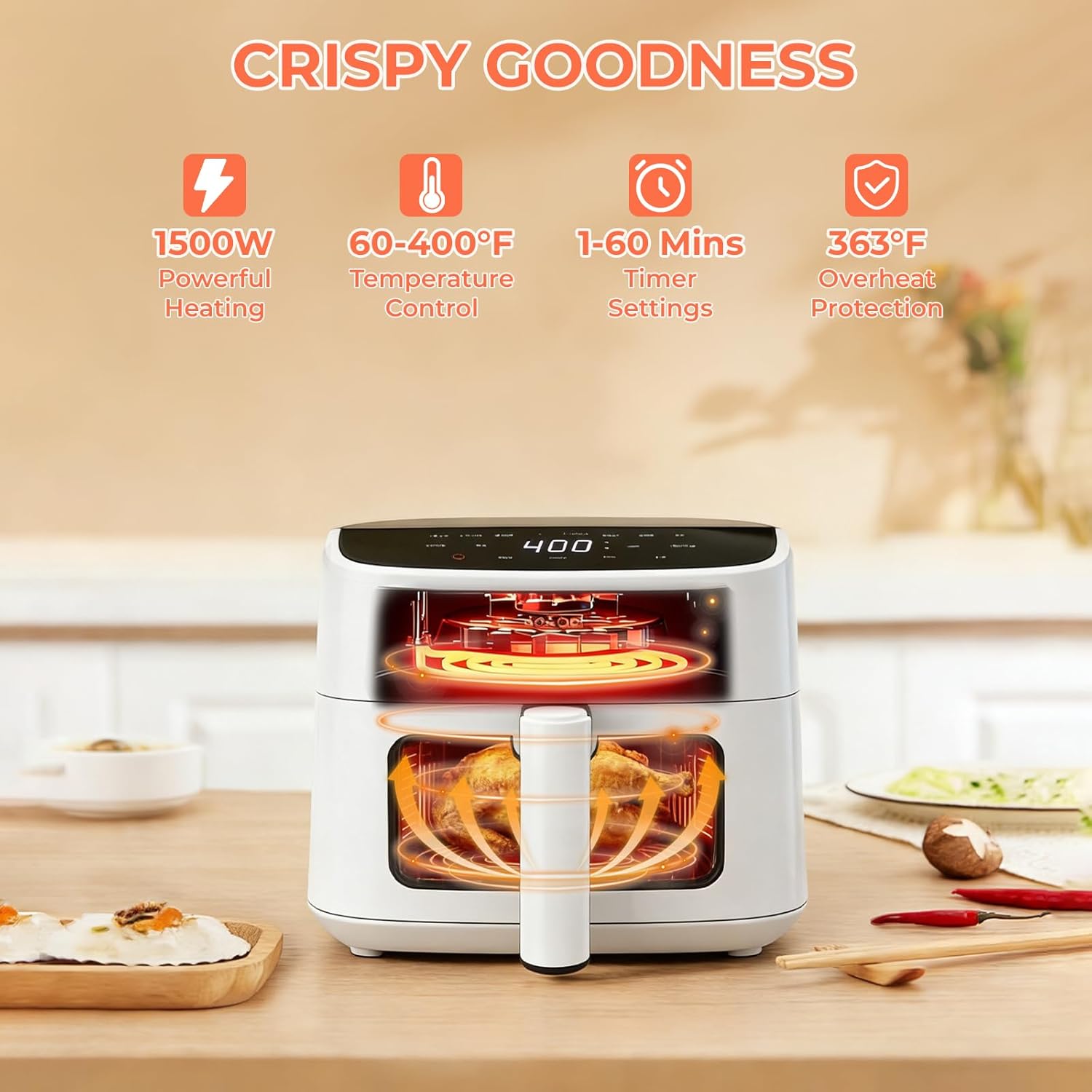 NEWBULIG Air Fryer，4QT Small AirFryer with Easy View Window and Interior Light, Digital Touchscreen with 8 Presets for Custom Cooking, Nonstick and Dishwasher Safe Basket, White