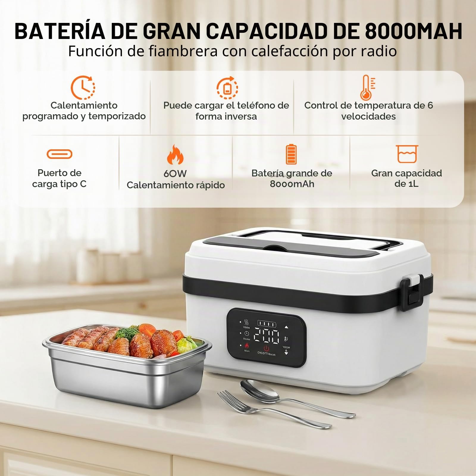 Fiambrera Electrica Calentador de Comida Portatil 1L Tupper Electrico con Batería, Recargable USB-C, Temporizador, Táper Eléctrico Acero Inoxidable con Bolsa Térmica y Cubiertos para Coche y Trabajo