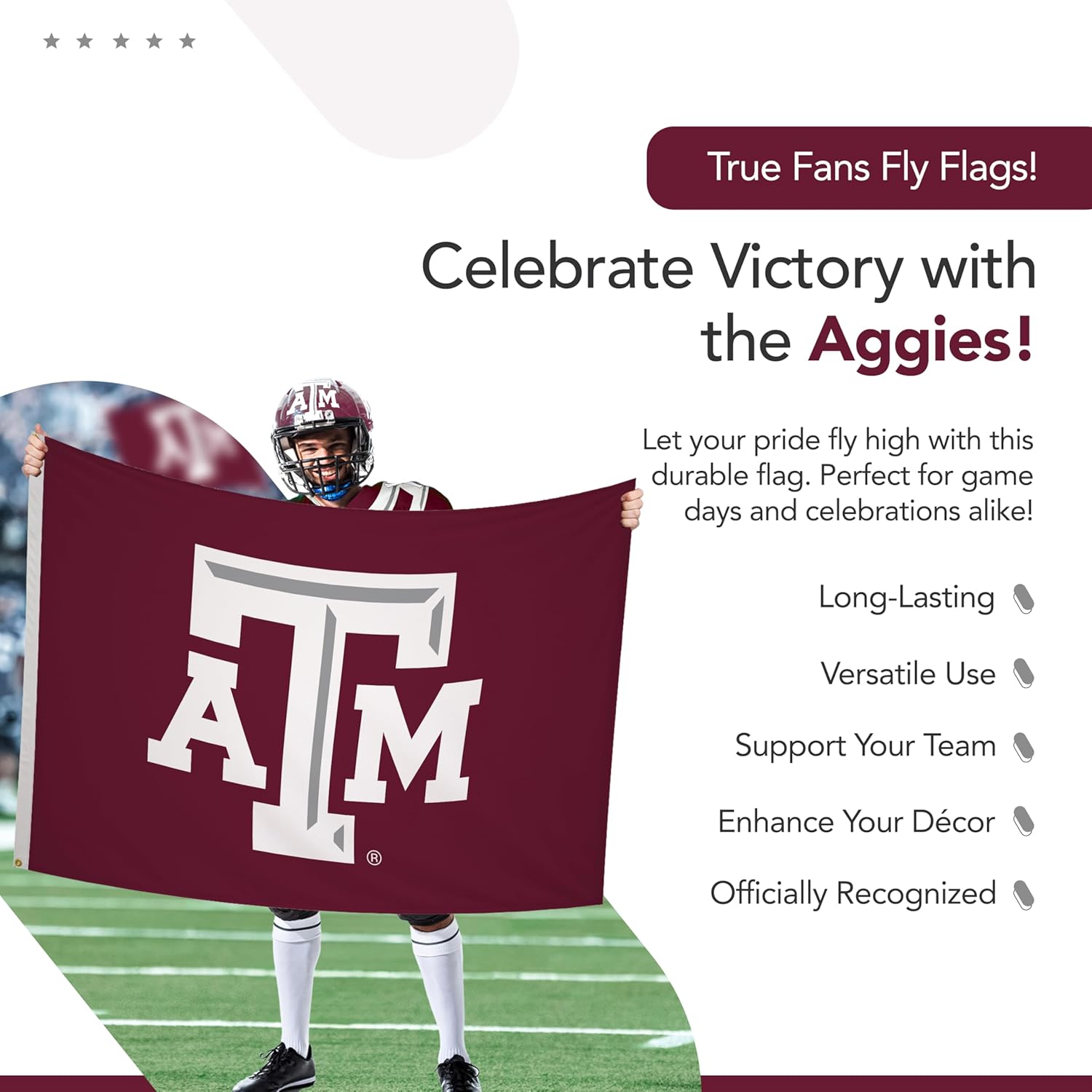 Texas A&M Aggies College Sports Printed Flag - NCAA Licensed - Nylon - School Banner (White, Maroon) (5' x 8')