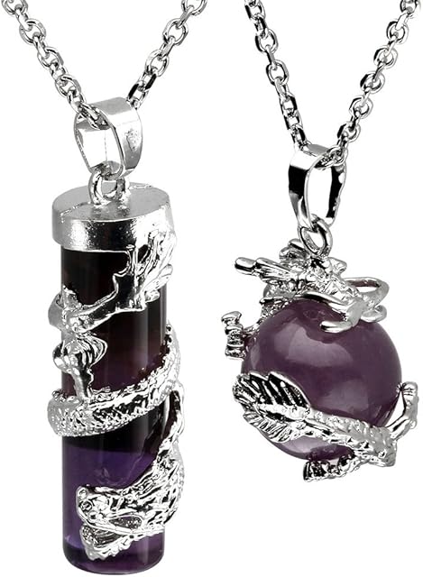Jovivi Dragon Wrapped Round Ball Cylinder Gemstone Crystal Pendant Necklace Gifts Set w/Gift Box