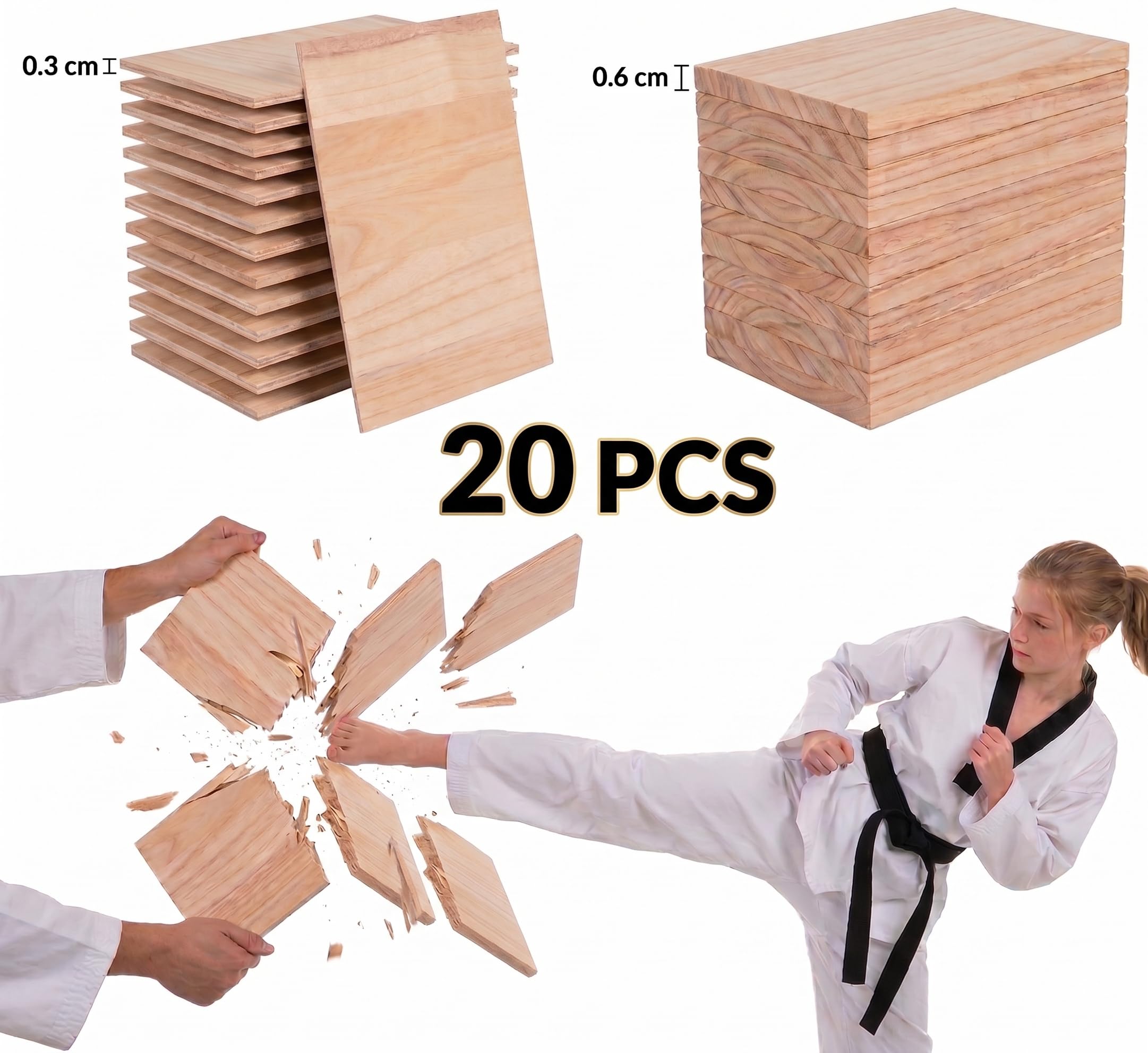 Veemoon 20 fogli di legno per pausa taekwondo, arti marziali, karate, boxe, allenamento, 0,3 cm, 0,6 cm