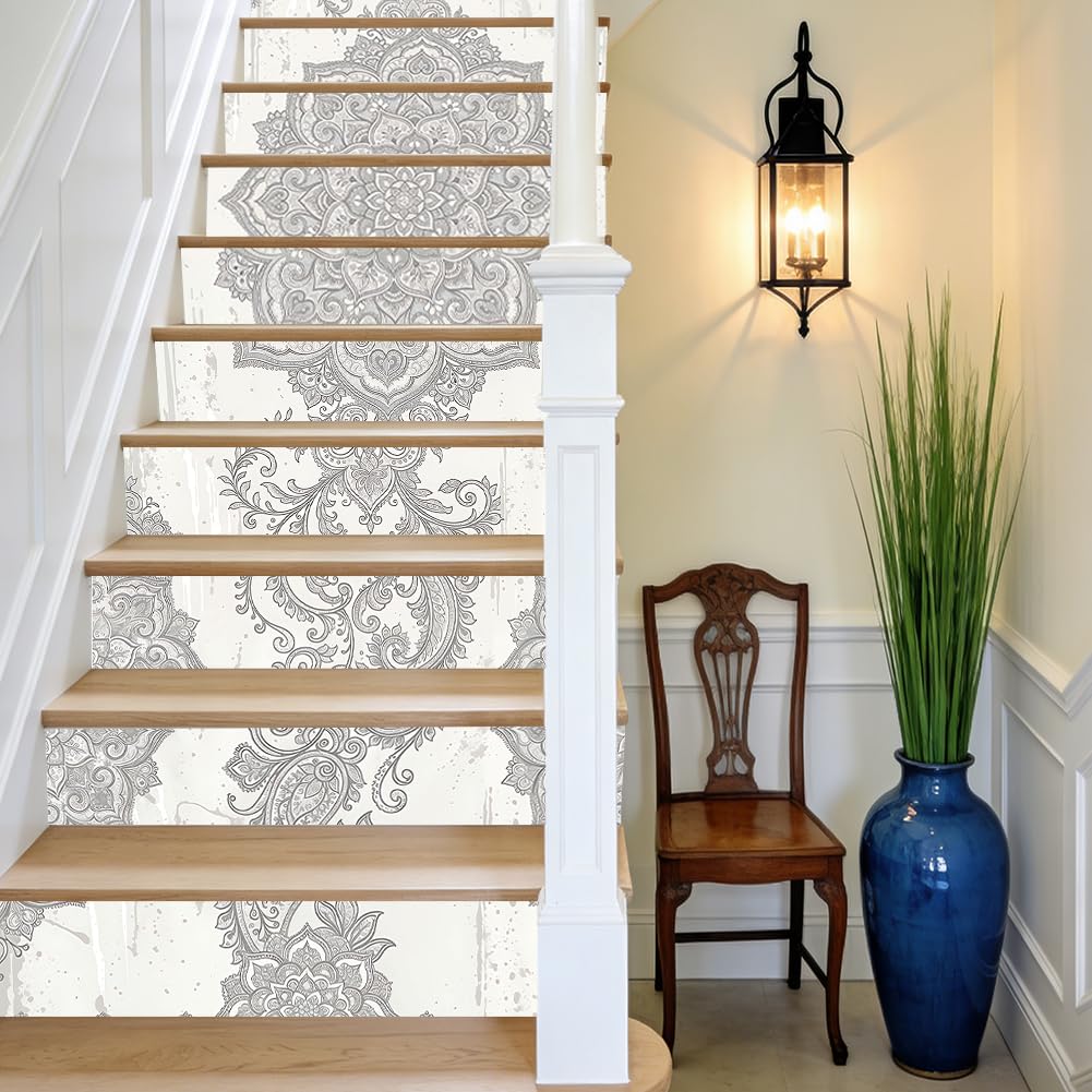 Autocollants d'escalier vinyle amovibles imperméables : décoration contremarche mandala beige