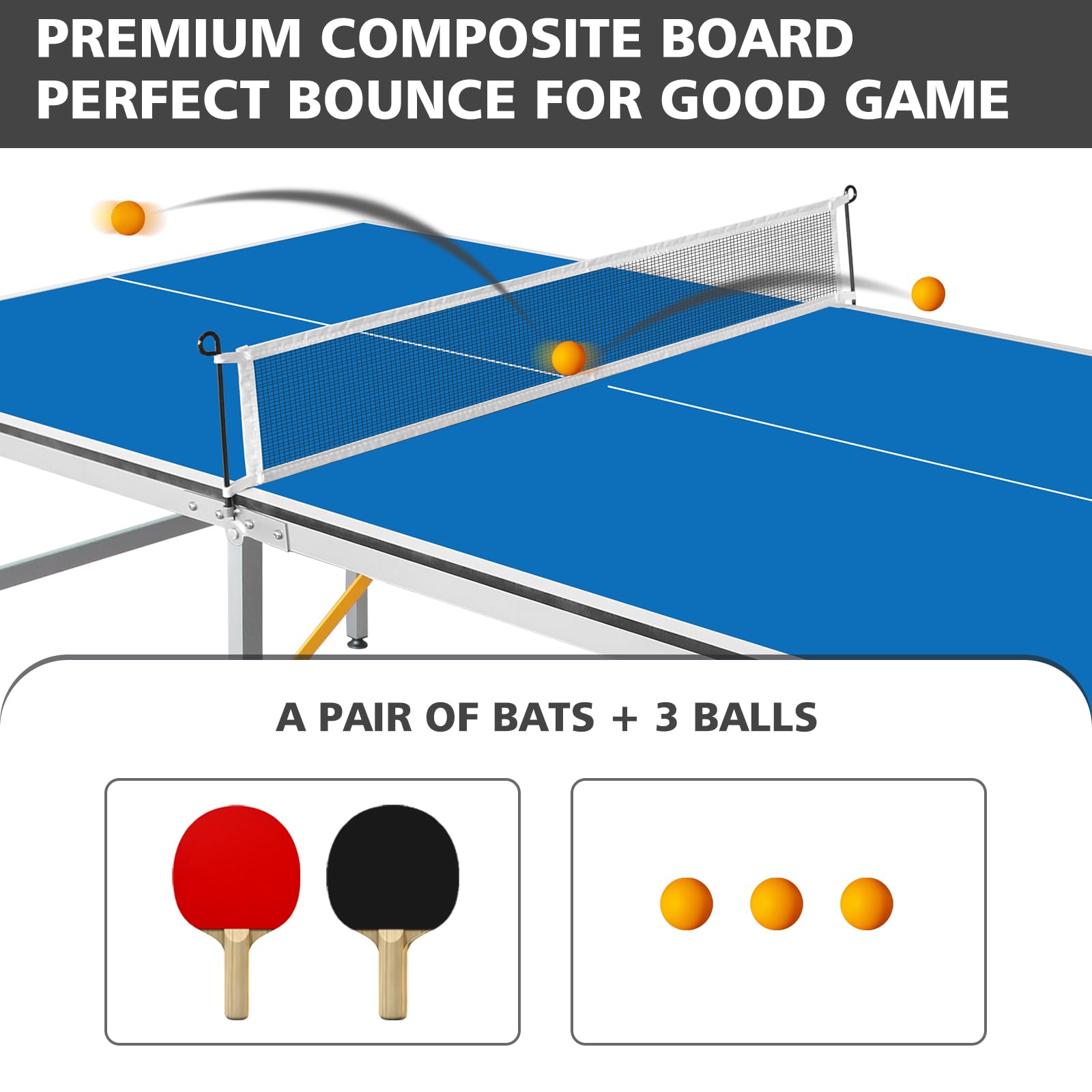 Tavolo da ping pong pieghevole di medie dimensioni con rete, pagaie e palline, in MDF multiuso, da 1,8 m x 91,8 cm, per bambini, adolescenti e adulti, compatto e portatile