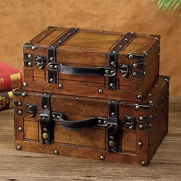 Atyhao Vintage Handbag Wooden Chest Portable Storage Trunk, Retro Suitcase for Clothes Toys Photo Prop, Strong Leather Handle (Large)
