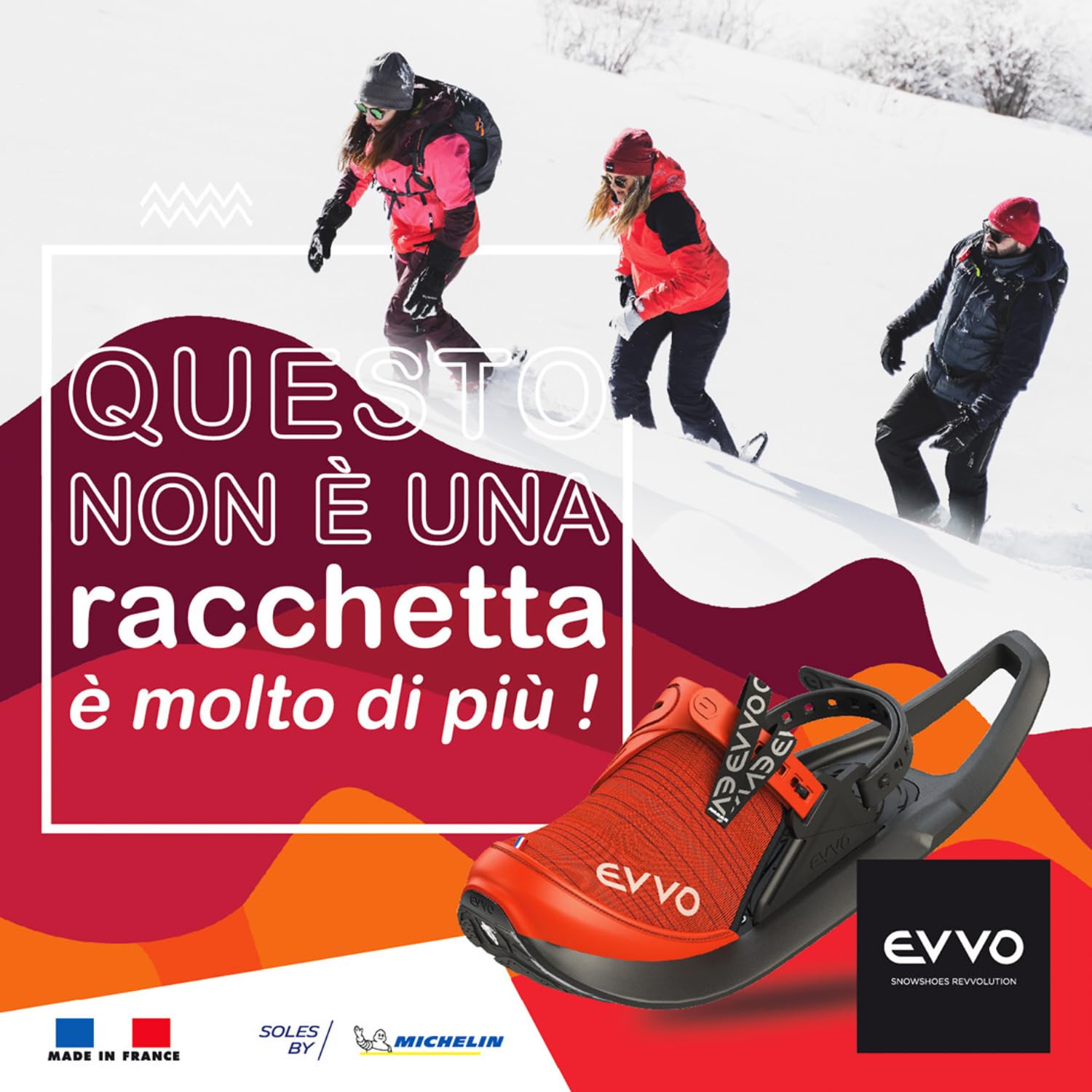 EVVO - Originale - Racchette da neve Made in France con solette con chiodi Michelin®, attacchi regolabili, per uomo e donna con borsa di trasporto inclusa, per tutti i terreni, escursioni, snowboard