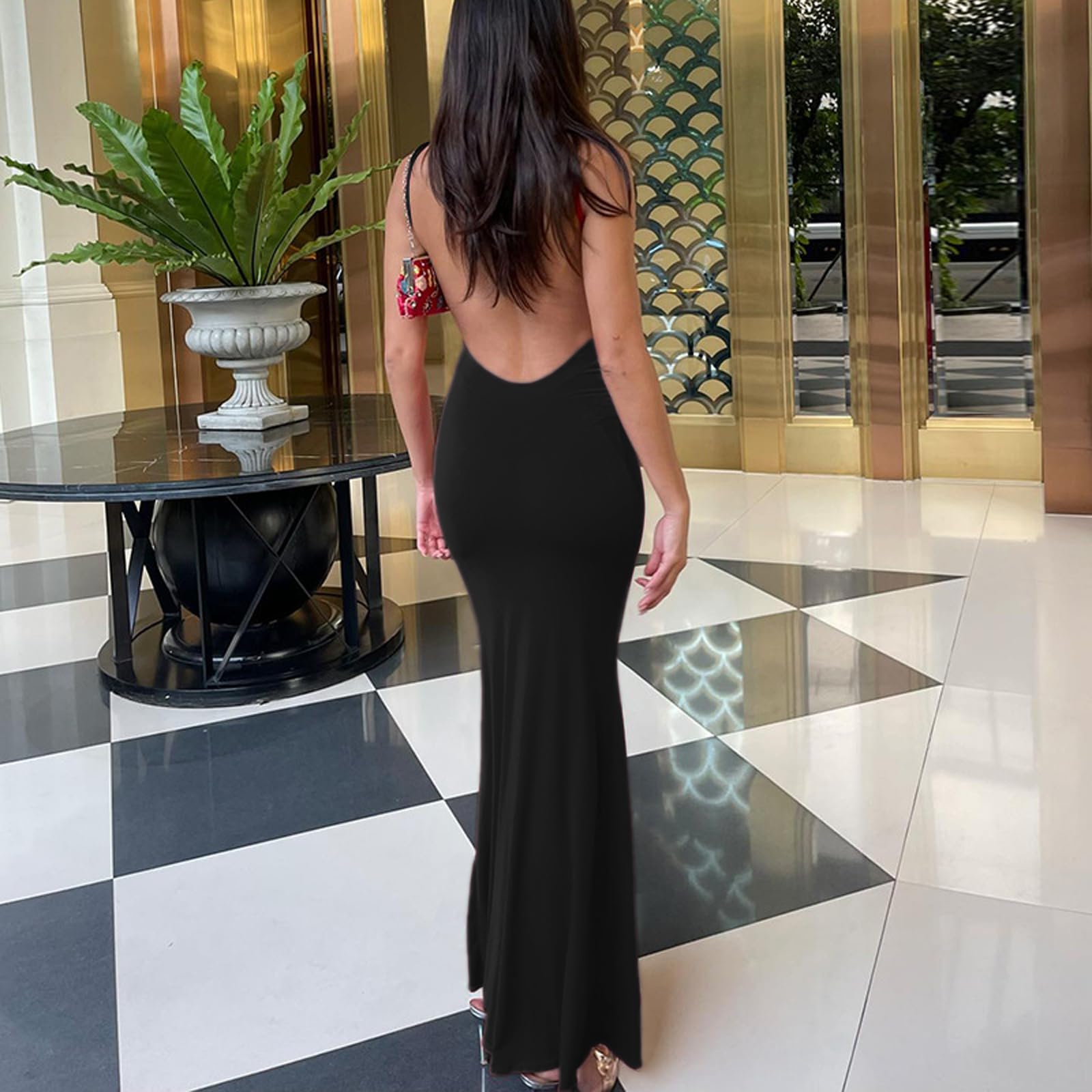 Robe Femme Sexy Robe Longue Moulante Dos Nu Bodycon Robe de Soirée Longue D'éte Maxi Robe sans Manches Elégant Skinny Slim Fit Robe de Cocktail Club Robe à Spaghetti Bretelle pour Party
