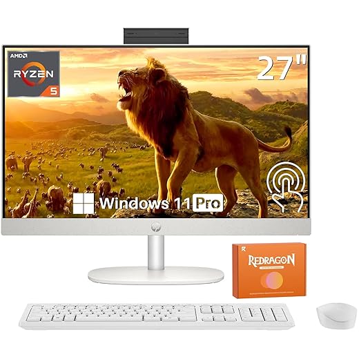HP 27 inch FHD All in One Touchscreen Desktop Computer, AMD Ryzen 5 7520U, 16GB DDR5, 1TB SSD, Wi-Fi 6, Bluetooth 5.3, Audio, Wireless Keyboard & Mouse, Windows 11 Pro, Accessories