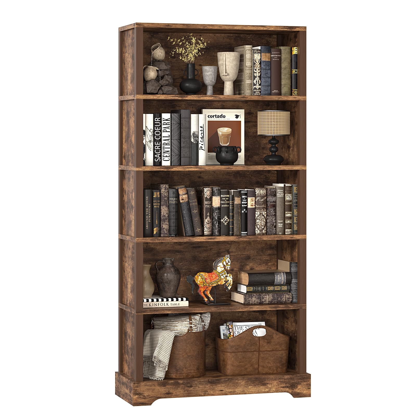 TVU 5 Tiers Wooden Bookshelf, 65.2" Tall Farmhouse Style Open Bookcase, 31.5" Wide Standing Book Shelf with Storage for Study Room, Living Room, Rustic Brown