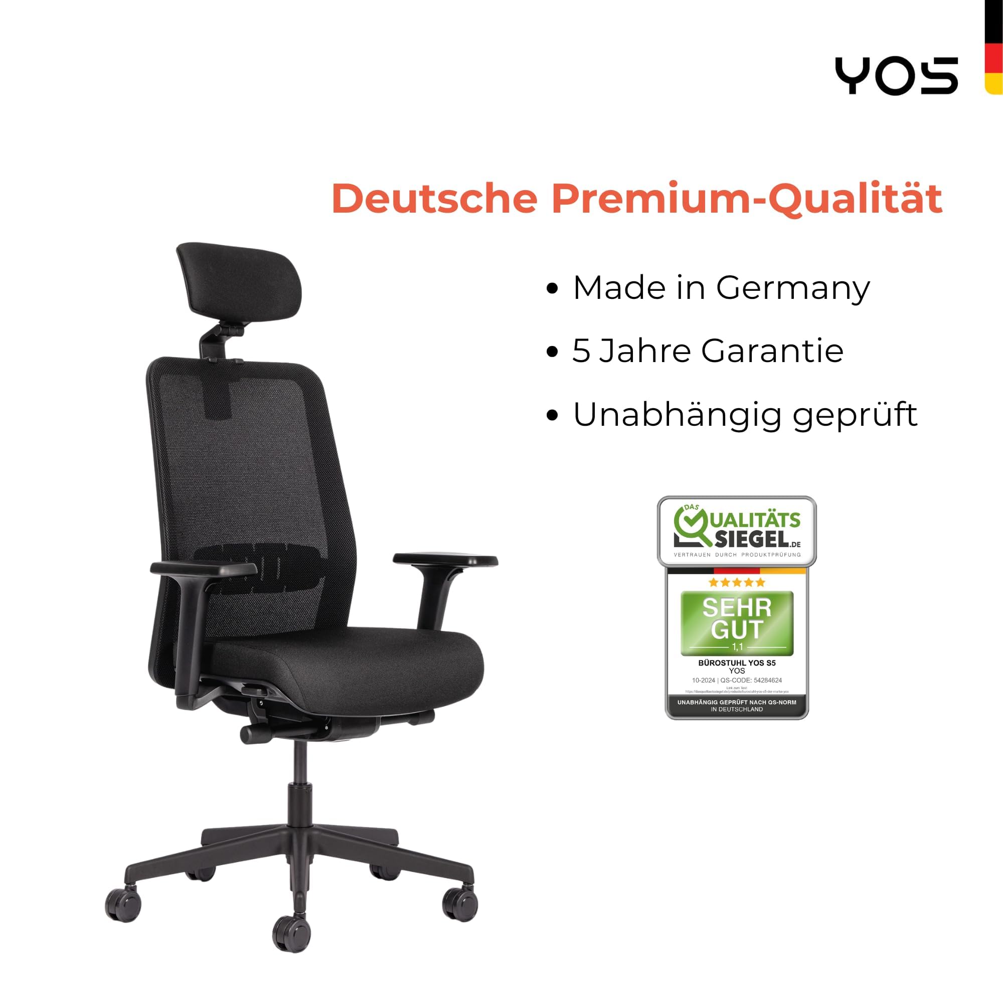 YOS S5 ergonomischer Bürostuhl mit Kopfstütze, Schreibtischstuhl | Netzrücken, Lordosenstütze, Kopfstütze, 150 kg Belastbarkeit – Made in Germany