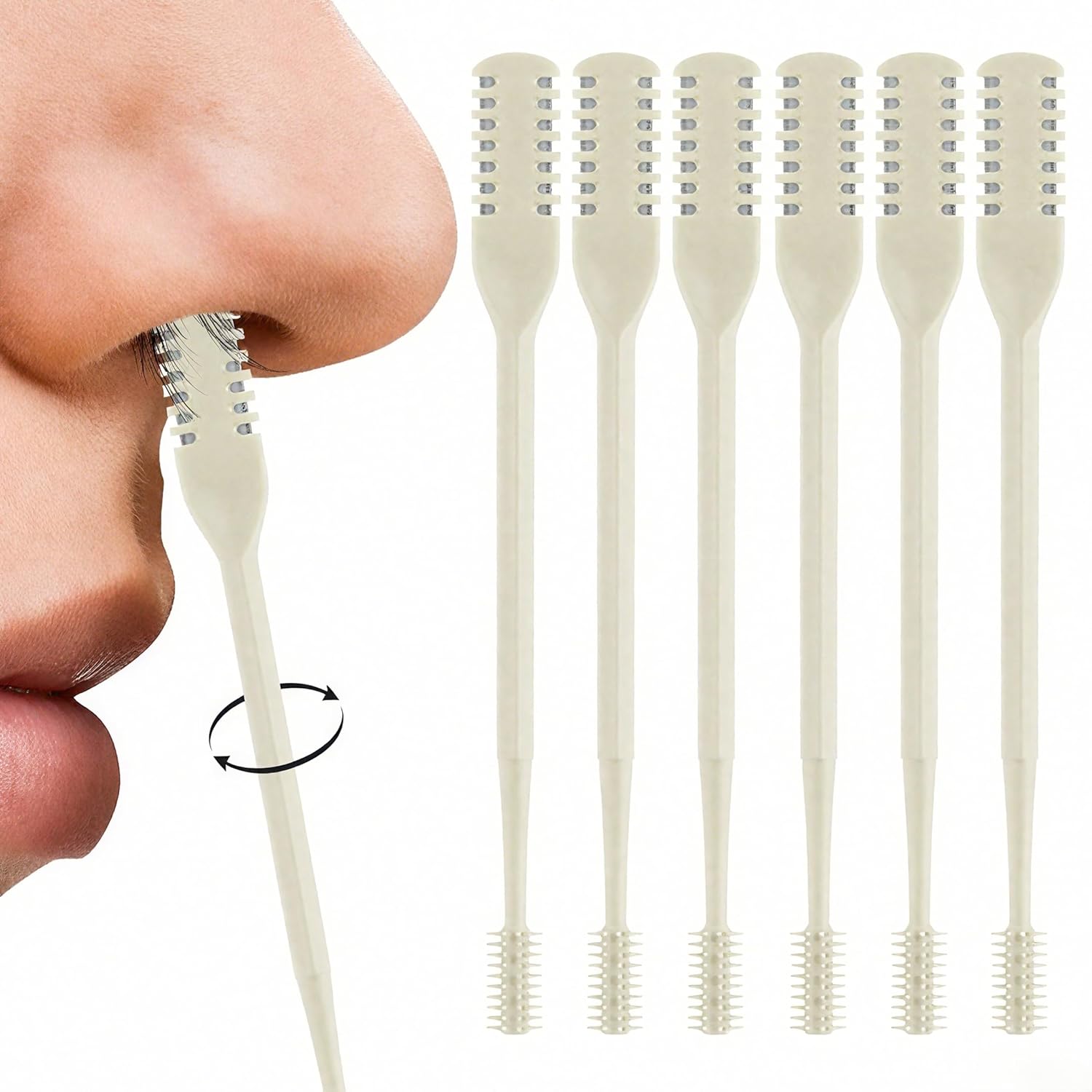 Nasal Hair Cutter, 2025 Double-Sided Nose Hairs Removal, Manual 360° Rotating Nostril Hair Removal Tool, Manual Nose Hairs Cutter, Nasal Hair Trimmer with Ear Picker for Women Men (Beige, 6PCS)