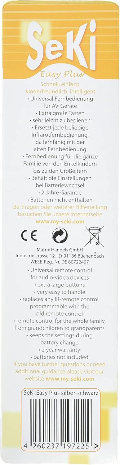 Back of SeKi Easy Plus packaging showing features, warranty, and webسائيٽ