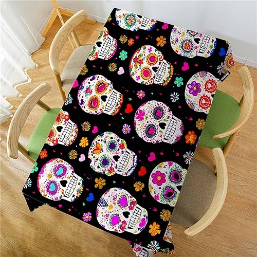 Miniatura 2 de Swono Mantel del Día de los Muertos, Coloridas Calaveras Mexicanas de Azúcar de 50 x 72 pulgadas, mantel para mesas rectangulares, bufé, fiestas,