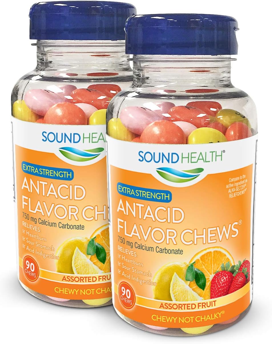 SoundHealth Extra Strength Antacid Chews for Heartburn Relief, Assorted Fruit Flavor, 90 Count Bottle