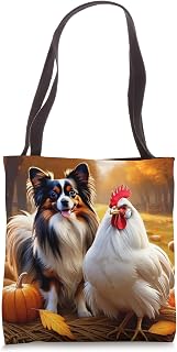 I Love My Papillon and Autumn Fall Leaf Pumpkin Chicken Dog Tote Bag