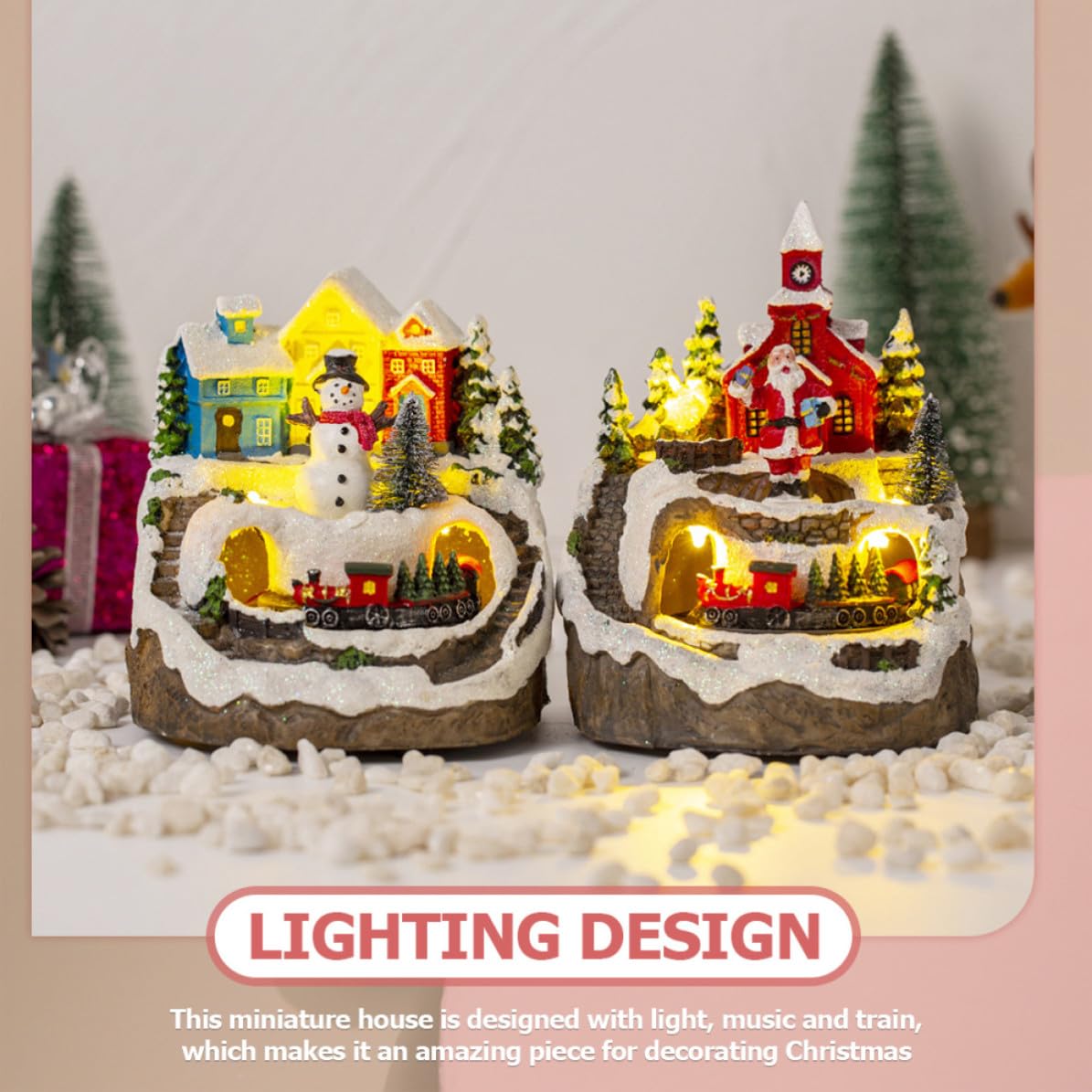Casa Iluminada de Navidad y Tren Eléctrico, Adorno Navideño de Resina para Mesa, Estilo Tradicional y Rústico, Adecuado para Cocina
