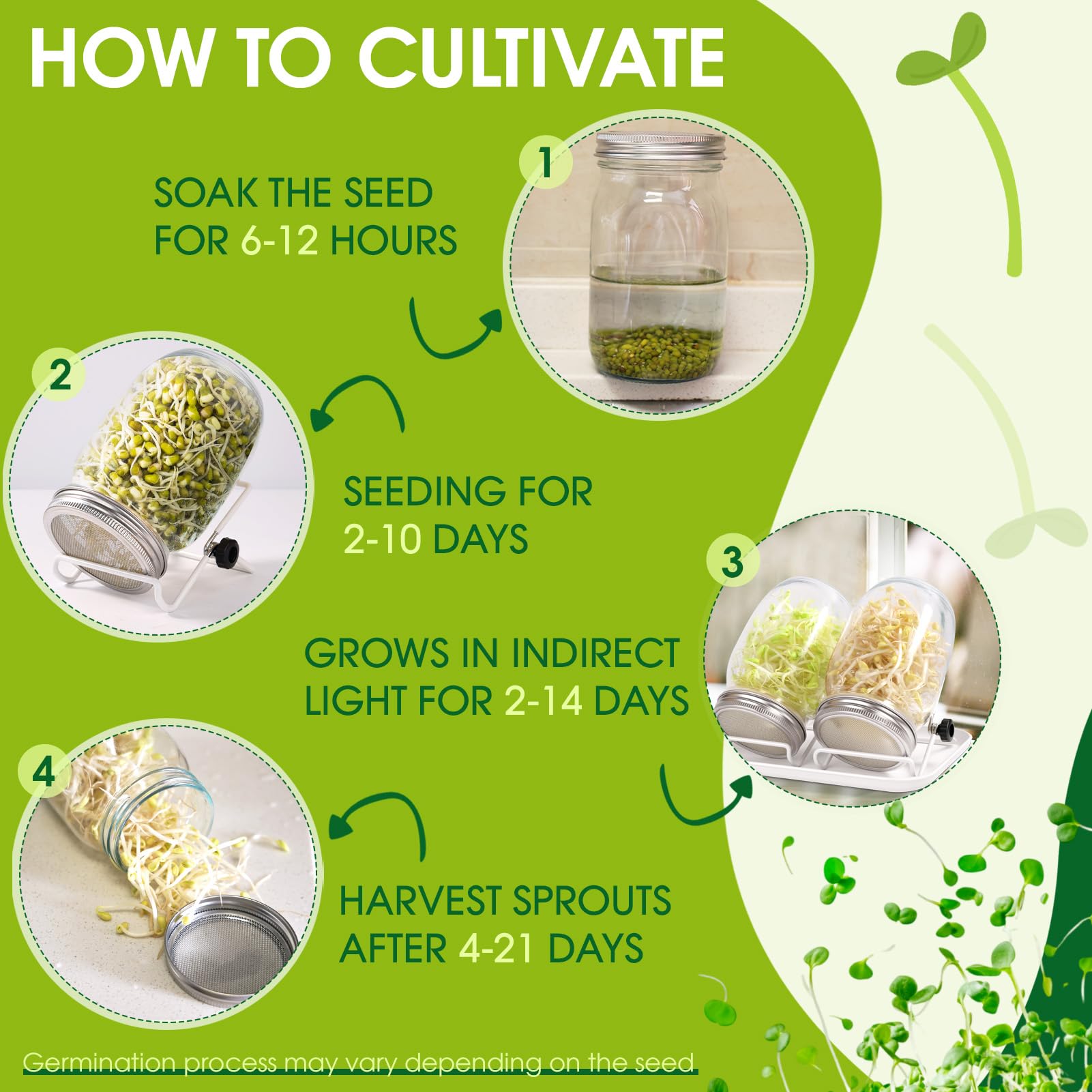 FoiiLiio Kit de Germinador de Semillas, 2 x 1000ml Frascos de Germinación, Incluye 2 Tapas de Colador de Acero Inoxidable, 2 Soportes, 1 Blanco Bandeja, Conjunto de Germinador