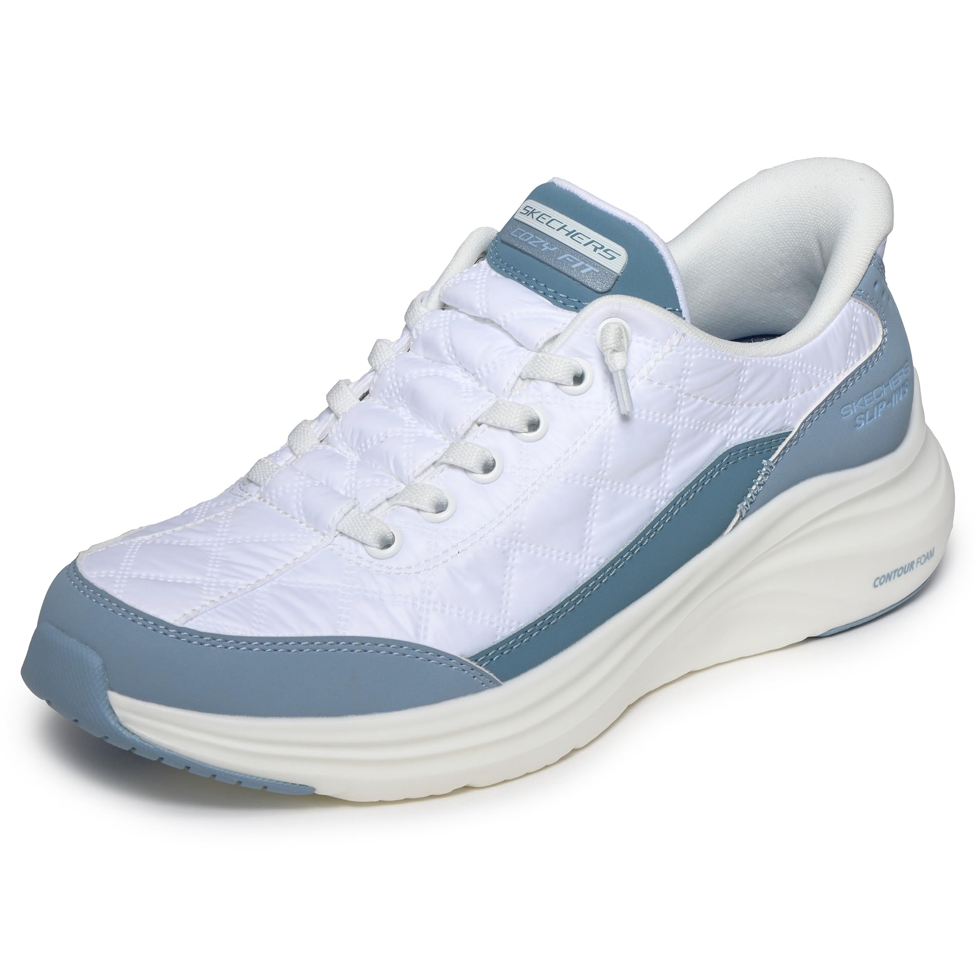 Skechers Femme Contour Foam in Motion Slip-in ENTRAINEUSE, White Mesh Lt Blue Duraleather Trim, 38.5 EU