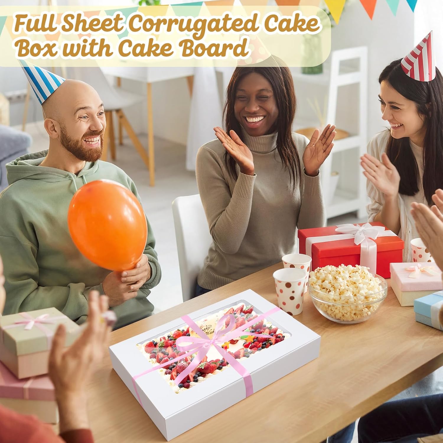 Lounsweer 13 Pcs Corrugated Full Sheet Cake Box 26 x 18 x 4 Inch with Cake Boards(6 Boxes & 6 Boards) and Pink Satin Ribbon Heavy Duty Large Rectangle Bakery Boxes with Window for Dessert Party