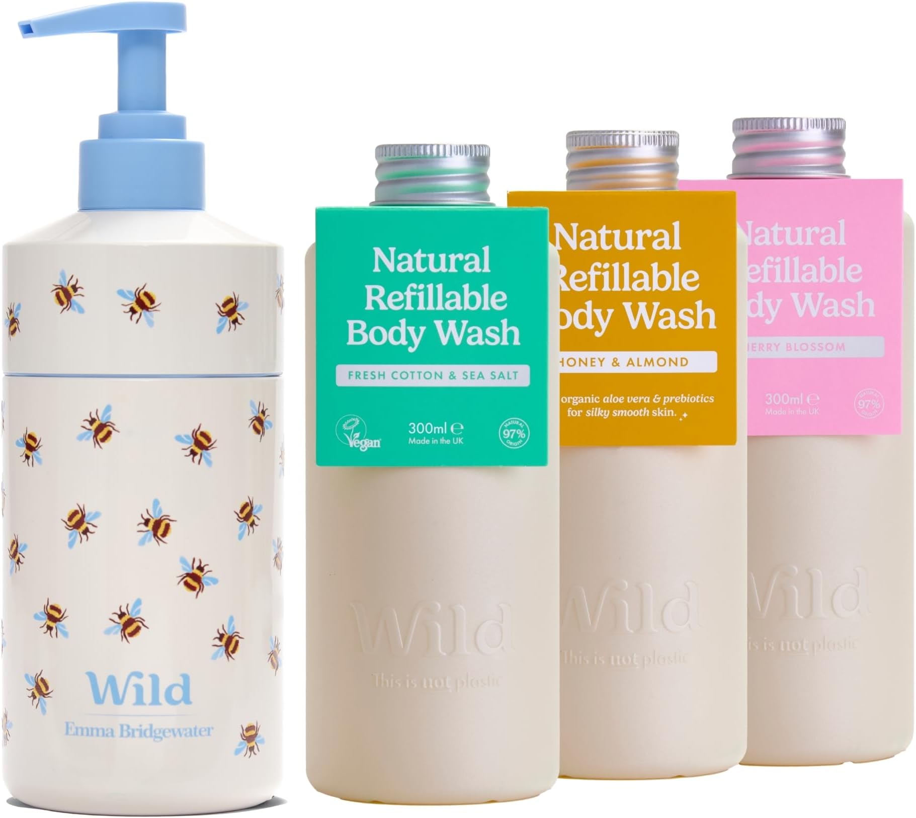 WildNatural Refillable Body Wash Starter Kit - Includes Bee Print Aluminium Case & 3 Pack Shower Gel Refills in a Variety of Scents - Includes Honey & Almond, Fresh Cotton and Cherry Blossom Scents
