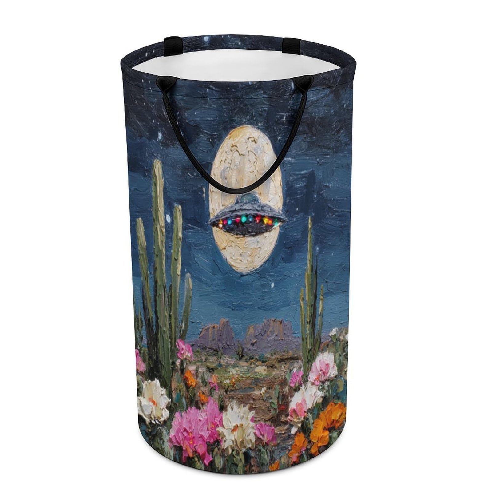 LUYYSKY Vintage Watercolor Western Desert Collapsible Dirty Clothes Basket, Modern Natural Full Moon Plant Cactus Floral UFO Portable Clothes Storage Laundry Basket-40 CM Dia, 69 CM High