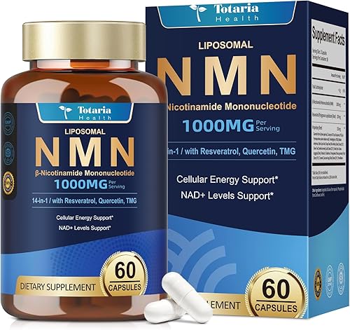 Totaria Suplemento liposomal NMN de 1000 mg, cápsulas de resveratrol NMN 14 en 1 con CoQ10, TMG, Quercetina, ALA, PQQ, soporta niveles de NAD,