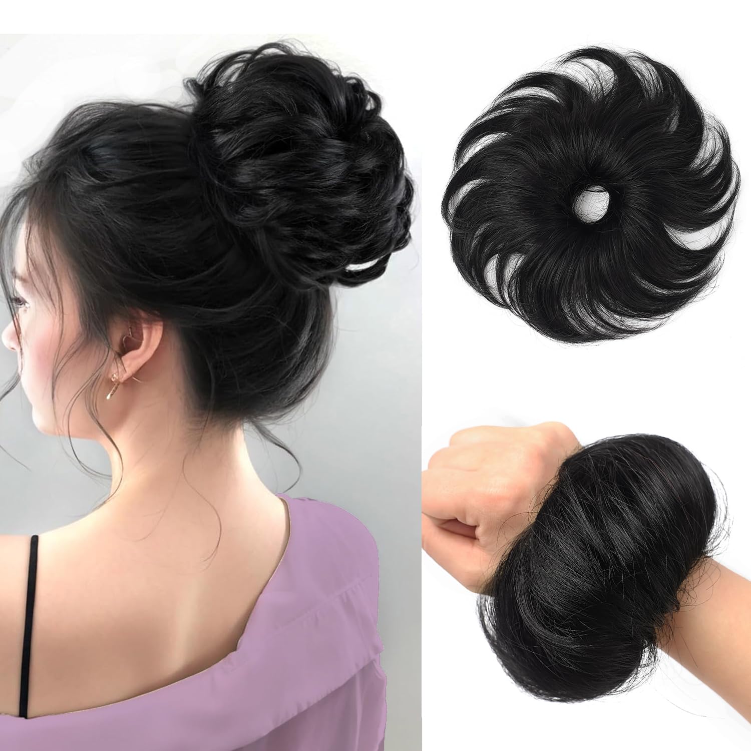 Human Hair Bun Piece Jet Black 100% Real Human Hair Wavy Hair Stretchy Fluffy Hair Scrunchies Hair Bun Chignon with Elastic Rubber Band(1 Count #1 Jet Black