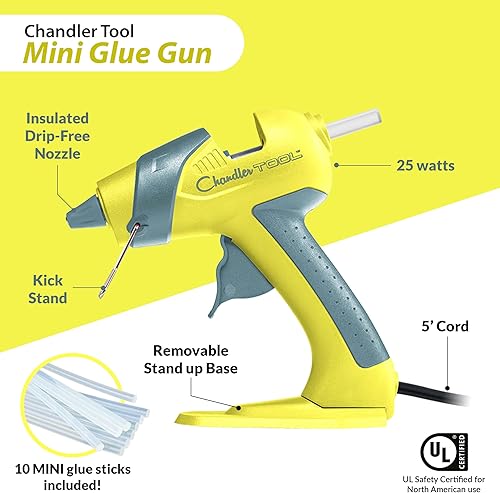 Vista 4 de Chandler Tool Mini pistola de pegamento – 25 W – Varillas de pegamento caliente y soporte de base patentado incluido – para manualidades, escuela
