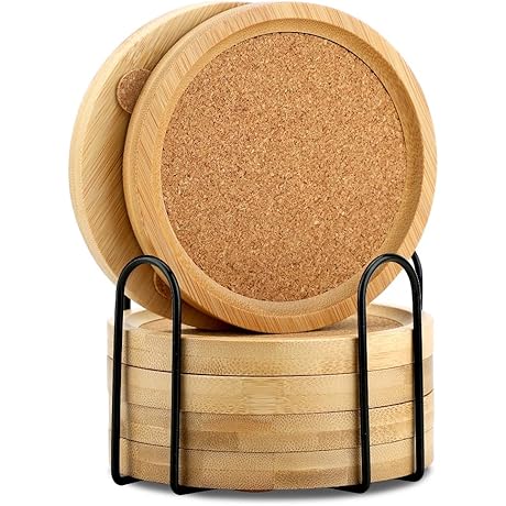 Bamboo Coasters for Drinks with Holder ● Eco-Friendly Absorbent Non-Slip Bamboo Cork...