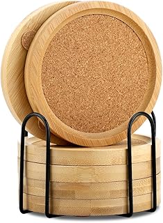 Bamboo Cork Coasters for Drinks Absorbent with Holder Set of 6, Bamboo Coasters for Drinks Coaster Sets Rustic Farmhouse for Coffee Table Dining Table Set of 6 4.33in