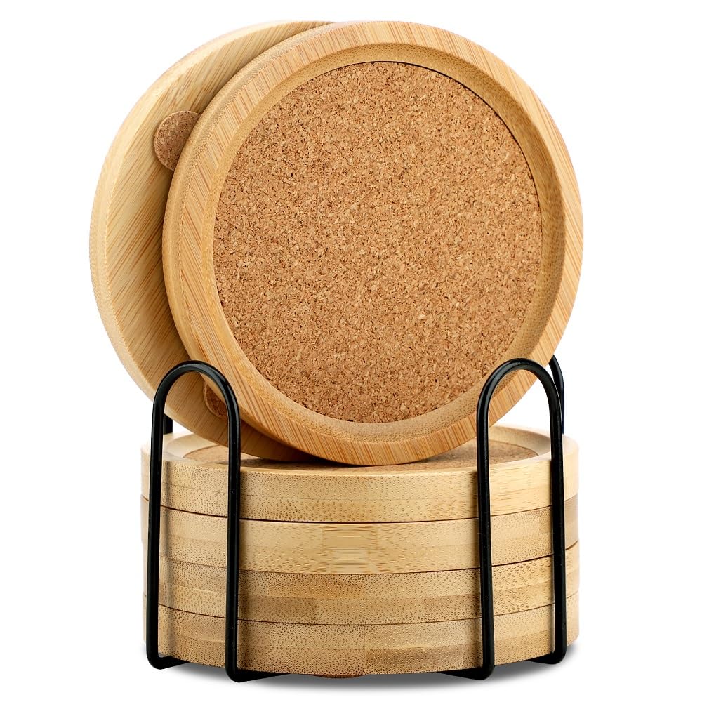 Amazon.com: Bamboo Cork Coasters for Drinks Absorbent with Holder