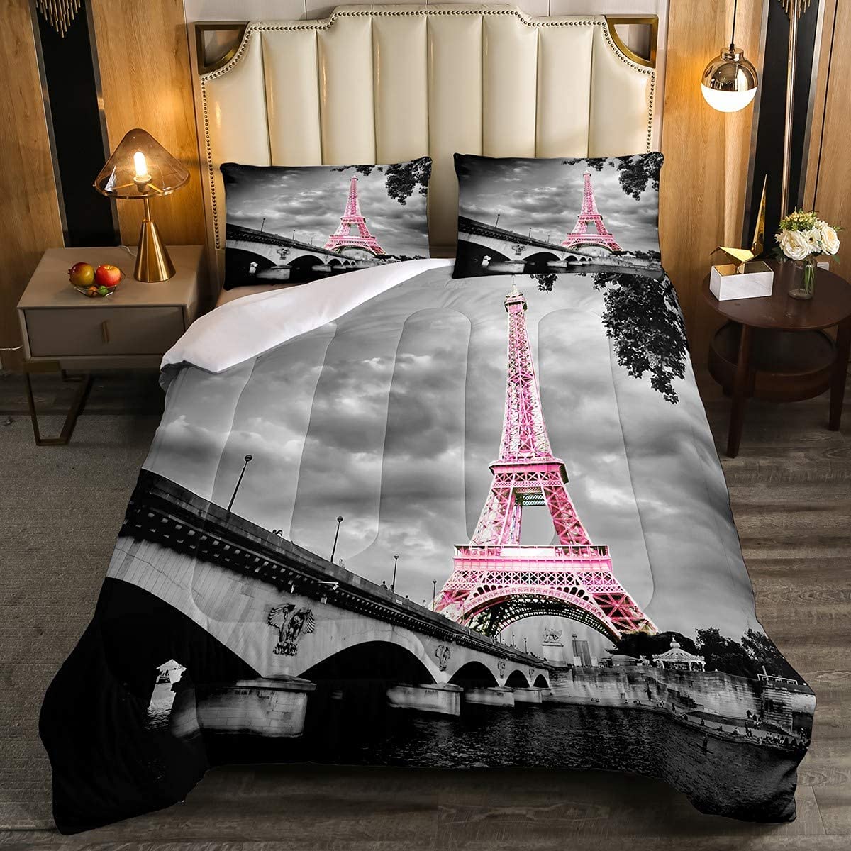 kxry Paris Comforter Set Queen Size Pink Eiffel Tower Seine Bedding French Style Paris Cityscape Quilt for Girls Women 1 Comforter + 2 Pillow Cases