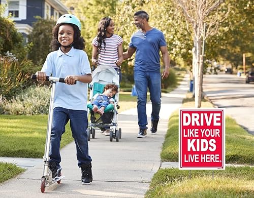 Miniatura 3 de Drive Like Your Kids Live Here Letrero de patio (paquete de 2) de 18 x 24 pulgadas, altamente visible, rojo/blanco, doble cara + soporte de metal,