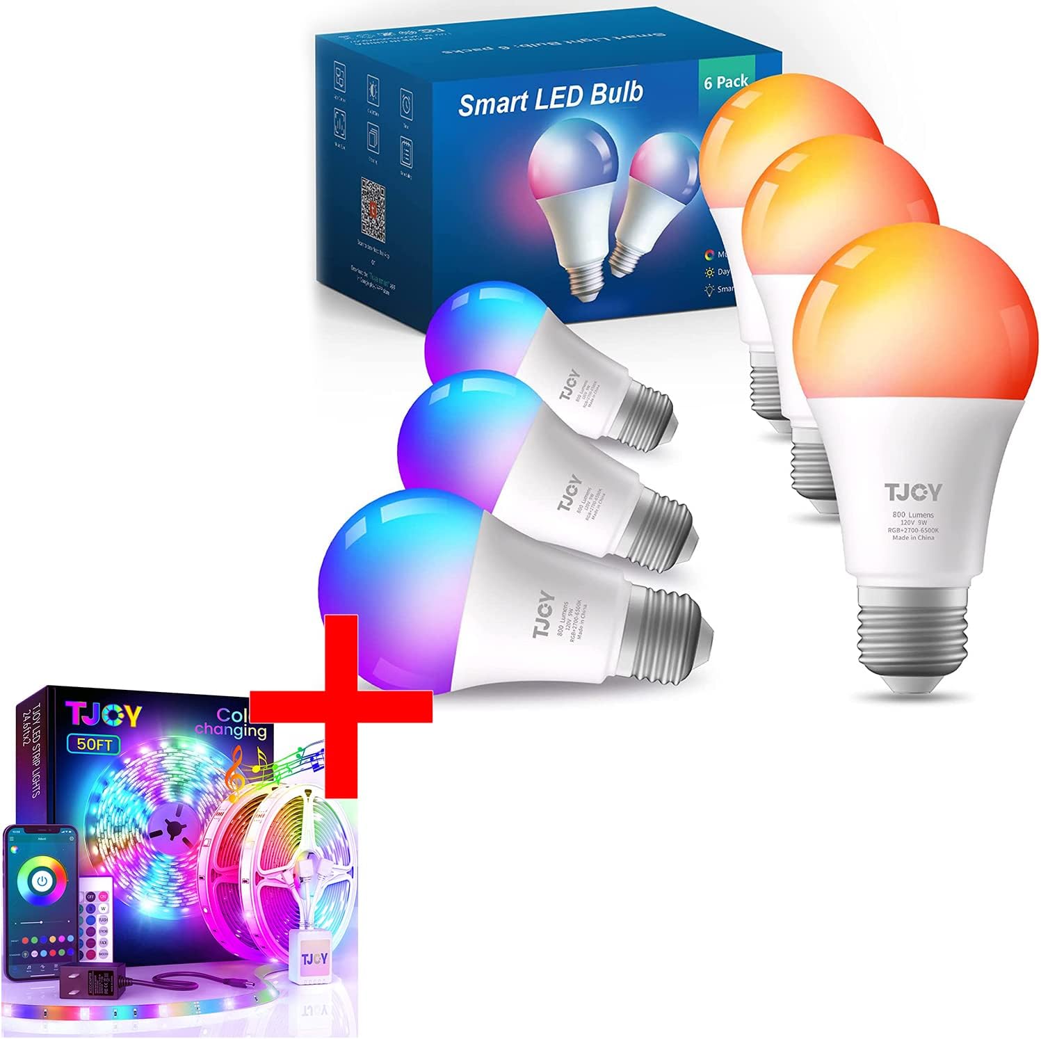 TJOY Bluetooth Light Bulb 6 Packs + 50ft Bluetooth LED