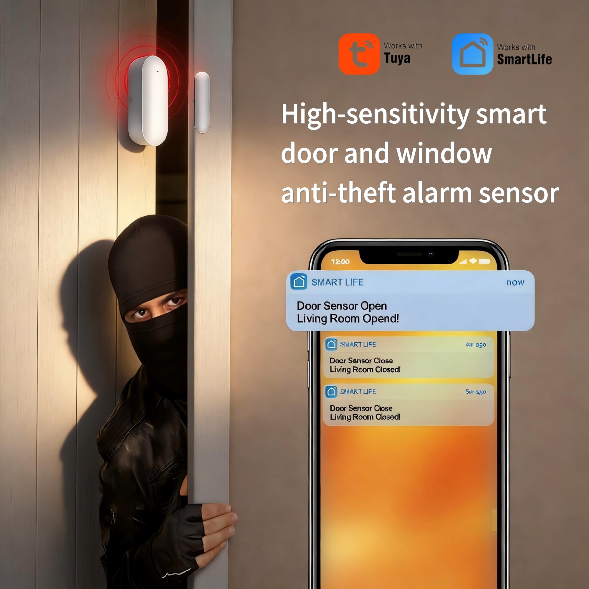 Sensor de contacto inteligente WiFi para puerta/ventana para automatización del hogar, monitor de puerta y ventana, detector de entrada magnético inalámbrico con alertas en tiempo real, compatible con