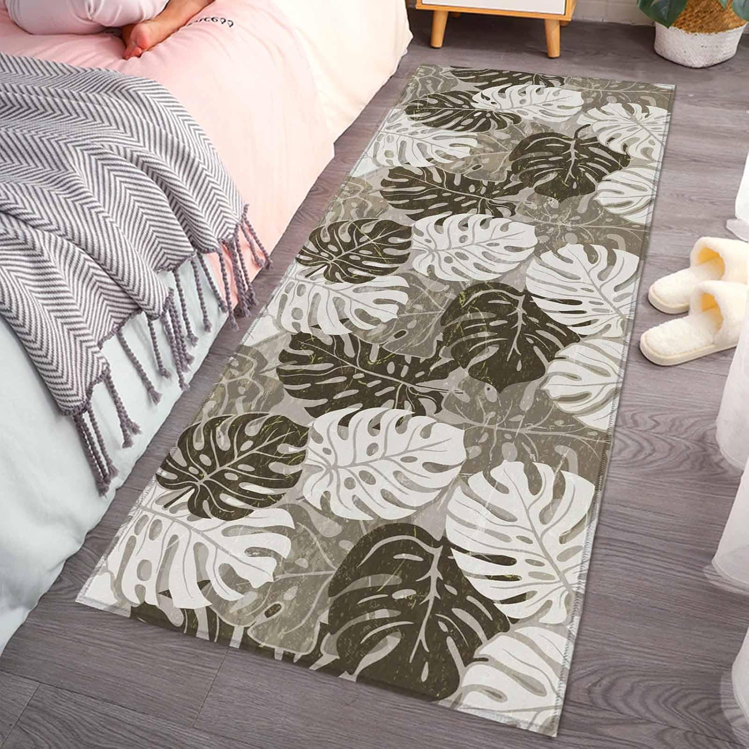 Teamery Kitchen Mats for Floor Summer Monstera Leaf Brown Washable Non Slip Kitchen Rugs 1PCS, Abstract Country Botanical Absorbent Standing Mats for Sink Bathroom Office Living Room 23.6x70.9in