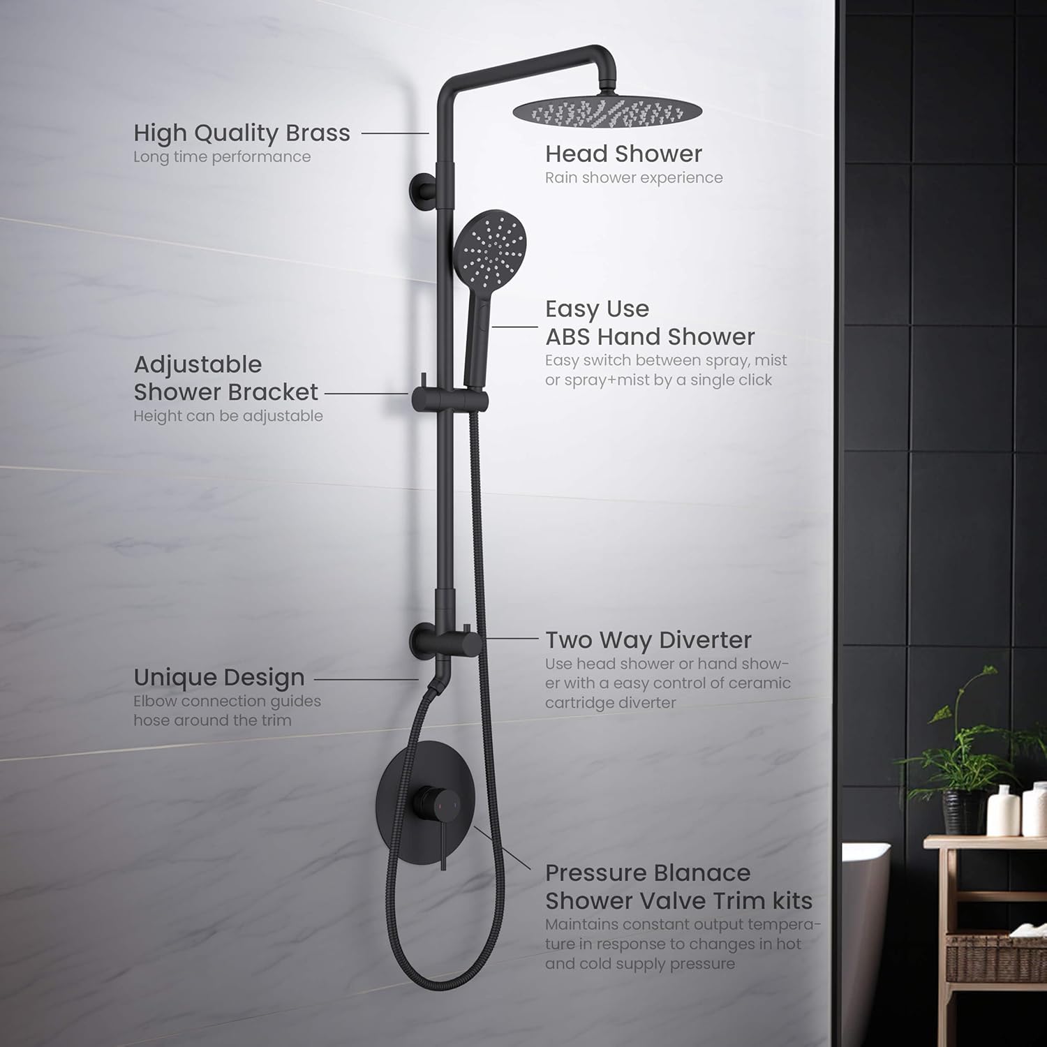 KIBI Circular Wall Mounted Rain Shower Column | 2-Function Shower Faucet System with Rough-In Valve | Solid Brass Construction for Reliable Water Flow and Temperature Control (Matte Black, KSC403)