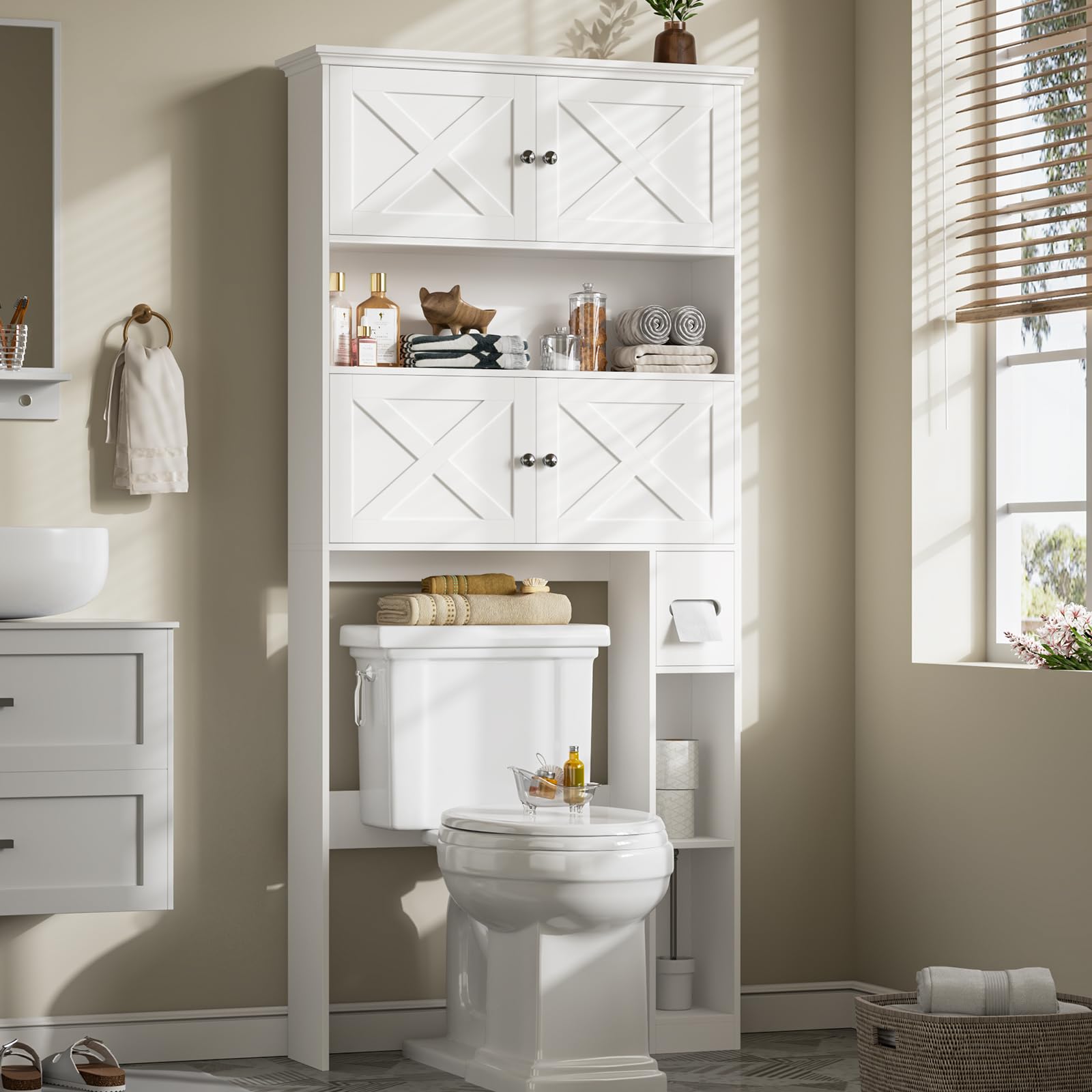over the toilet storage cabinet, farmhouse storage cabinet over toilet with 4 barn doors & toilet paper holder stand, white toilet shelf home space saver for restroom, bathroom, laundry